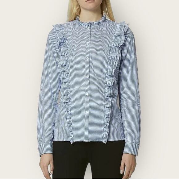 NWOT | Avec Les Filles | Stripe Button-Down Ruffle Top | Blue/White | Small - Picture 1 of 11